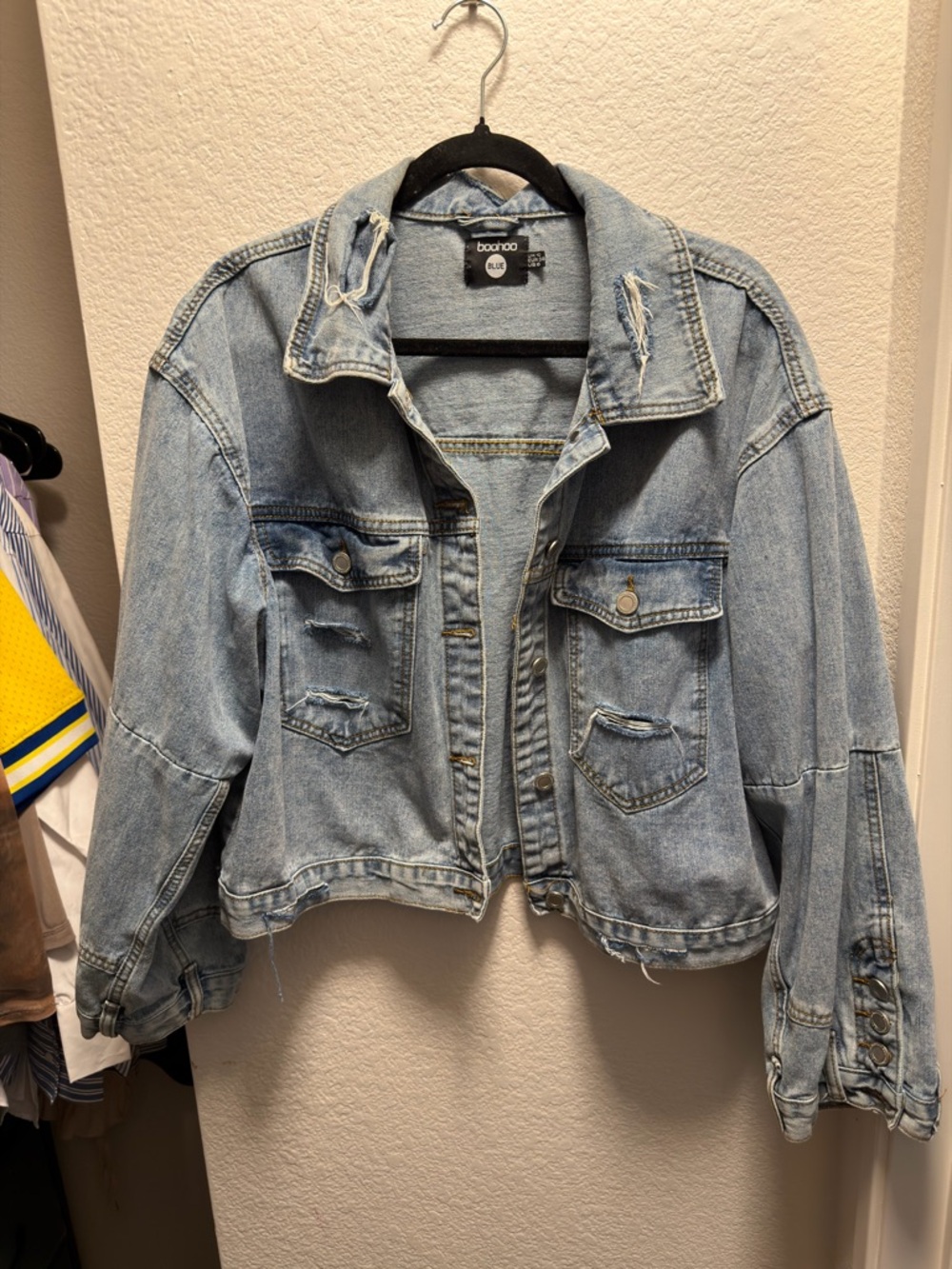 Boohoo Light Blue Distressed Cropped Denim Jacket